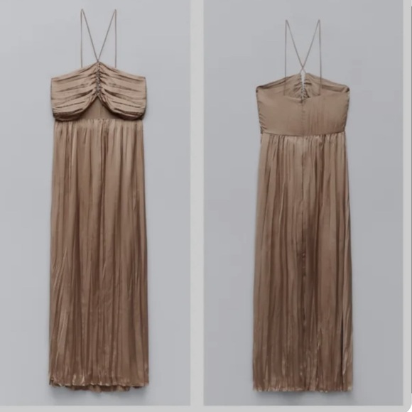 WRINKLE LOOK SATIN EFFECT DRESS Stone color - Picture 1 of 4